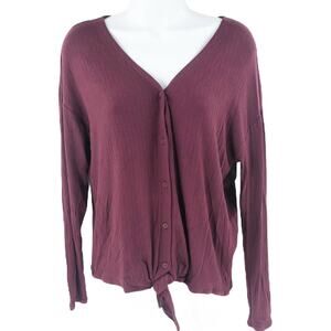 14th Union Women Top Petite Small Burgundy Long Sleeve Ribbed Tie Front Shirt